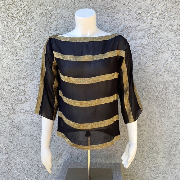Ralph Lauren Black Label Gold Metallic Striped Sheer Silk Couture Blouse Shirt - Picture 1 of 8